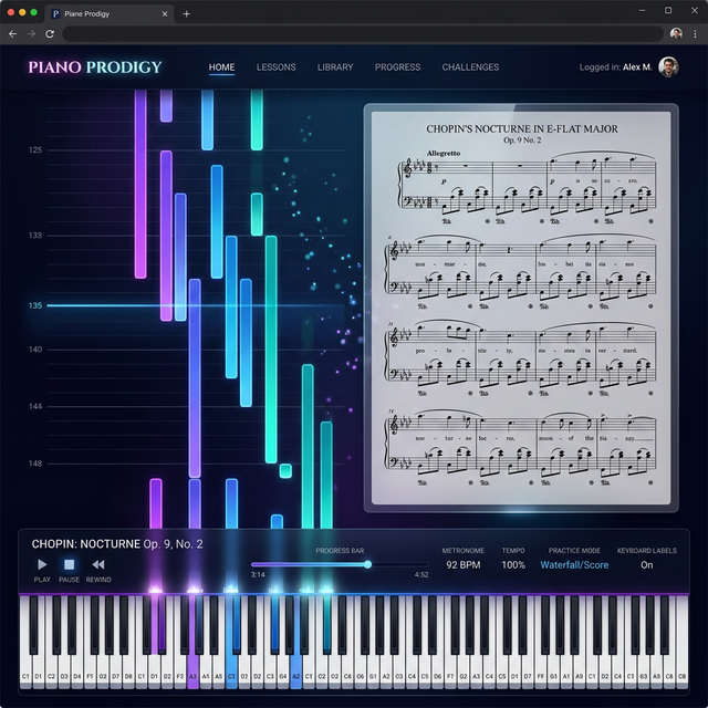 Piano Prodigy Academy Premium Classic Piano Player showing sheet music and waterfall visualization
